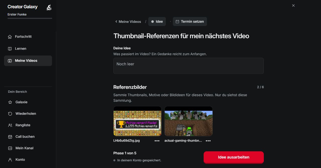 Ideenblatt in der Creator Galaxy mit Titel und Thumbnail-Referenzen